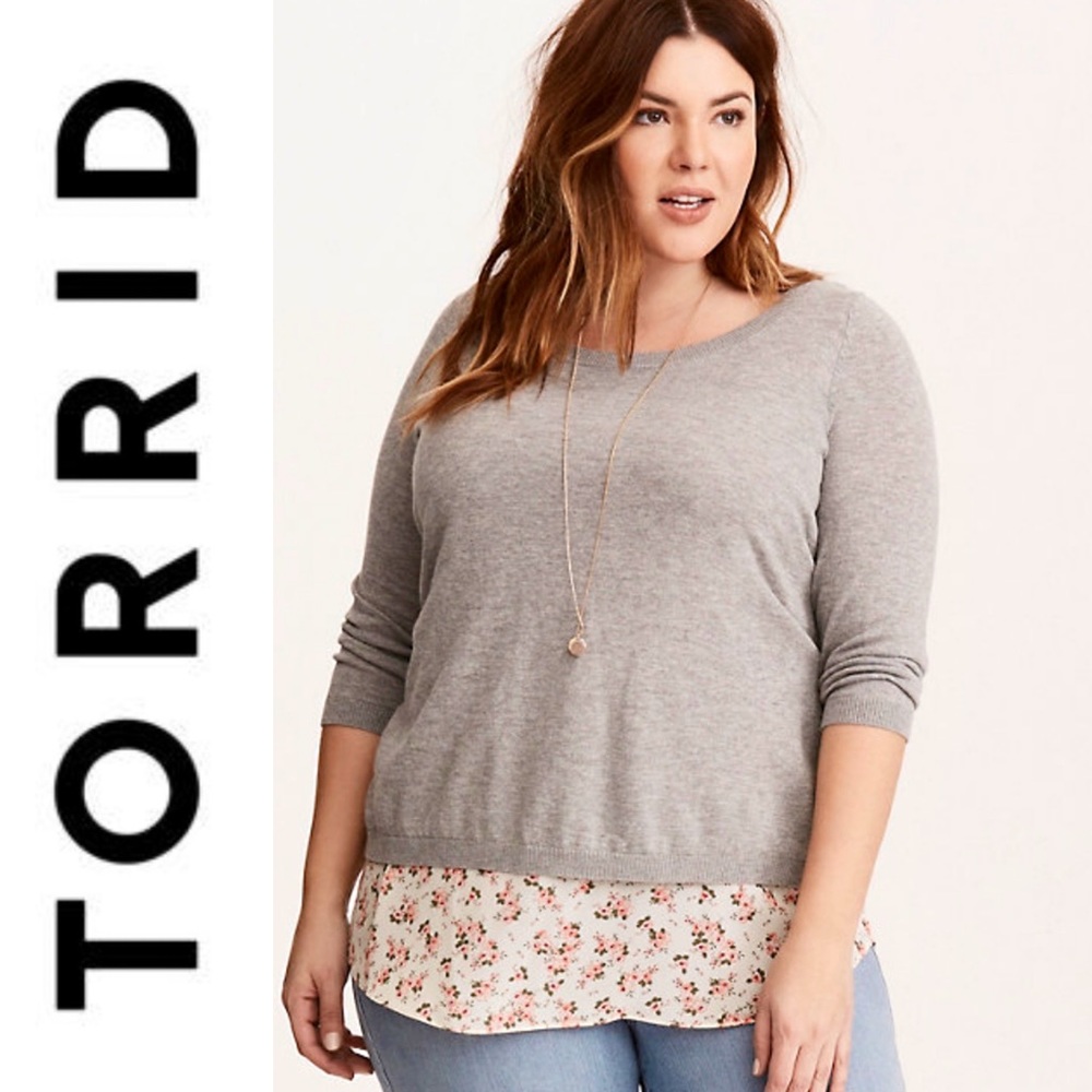 Torrid Gray & Floral Layered 3/4 Sleeve Top